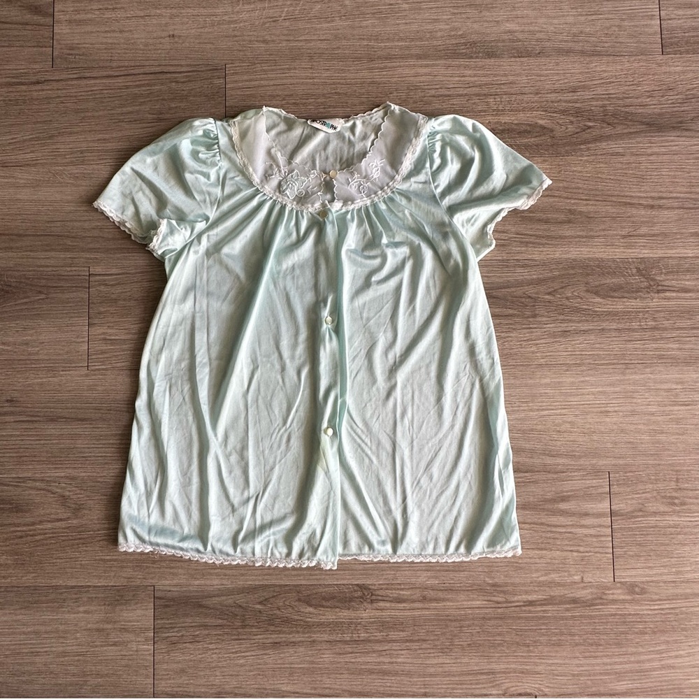 Vintage Light Green Lace Trim Top